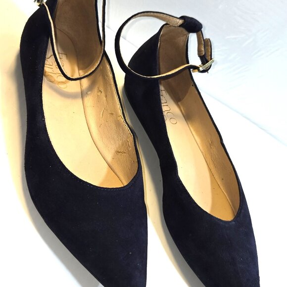 Franco Sarto L-Alex Women's Blue Suede Pointed Toe Ankle Strap Flats Size 6.5M - Picture 1 of 7